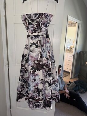 Xscape Strapless Floral Party Dress in Mauve, Gray and Cream